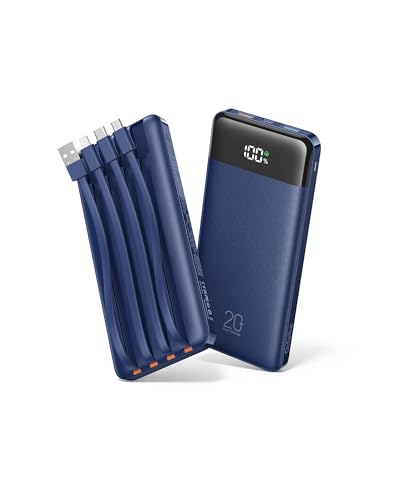 Orfeika 20000mAh Power Bank, Portable Charger with 4 Built-in Cables - color: Navy Blue