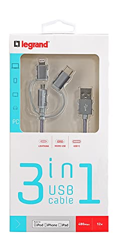 Legrand 3-in-1 Multi USB Cable, Lightning + USB-C + Micro-USB, 1.2m, 12W, Apple MFi-Certified, Silver, Compatible with iPhone, iPad, Samsung, Huawei