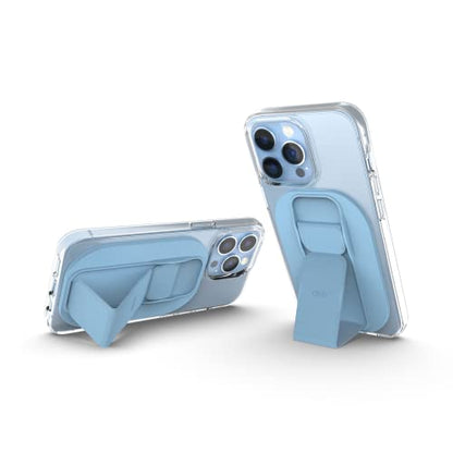 CLCKR Compact Mobile Cell Phone Grip Holder Compatible with MagSafe iPhone 15, 14, 13, Pro, Pro Max, Plus, Magnetic Phone Kickstand with Finger Strap, 3500G Extra Strong Magnet, Light Blue