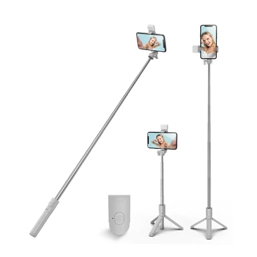 PINHEN Selfie Stick Tripod with Light, Extendable 360° Rotation Tripod Stand with Detachable Wireless Remote 3 in 1 Portable Mobile Phone Holder Compatible with iPhone Android Sansung(White+Light) - color: White+Light