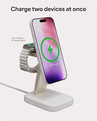 Mophie 2-in-1 Wireless Charging Stand - Qi2-Certified, MagSafe Charger for iPhone & Apple Watch – Fast Charging Station with Adjustable Phone Stand & Cable Management – Up to 15W Power - color: White, size: 2-in-1 iPhone/ Apple Watch Charging Stand