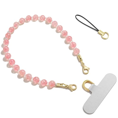 SURPHY Natural Stone Phone Charm, Beaded Phone Wrist Strap with Tether Tab - color: Watermelon Pink