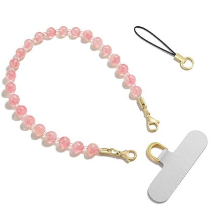 SURPHY Natural Stone Phone Charm, Beaded Phone Wrist Strap with Tether Tab - color: Watermelon Pink