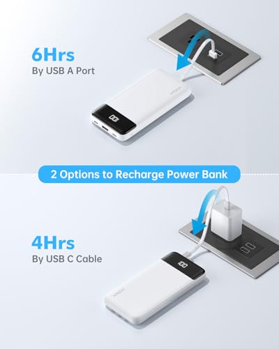 Portable Charger Power Bank w/Built-in Cables 10000mAh LED Display, White - color: White