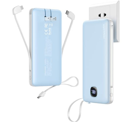 Portable Charger 10000mAh 22.5W Power Bank,Built-in 3 Cables & AC Wall Plug - color: Blue