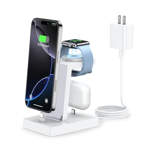 30W Fast Charging Station for Apple Devices - ADADPU 3 in 1 USB C Charger Stand for iPhone 18 Pro Max 17 16 15 & AirPods 4, Wireless Charger Dock Compatible with Apple Watch Ultra/10/9/8/7/6/5/4/3/SE - color: Classic White
