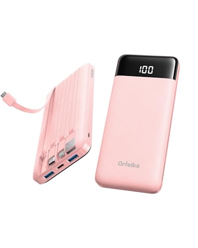 Orfeika Fast Charging Portable Charger Power Bank with Built-in 4 Cables | 10000mAh|Ultra-Slim&Light|Flight-Safe|Power 6 Devices at Once|22.5W|Battery Pack For iPhone,Samsung,Google|Travel Essentials - color: LightPink