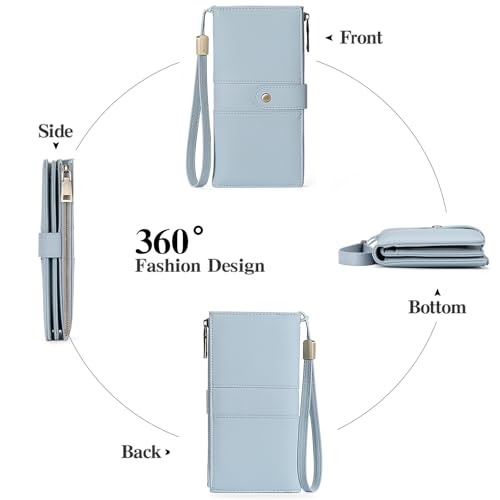 GAEKEAO Wallets for Women Leather RFID Blocking Large Capacity Card Case Ladies Wristlet Clutch Wallets Zipper Pocket with 4 ID Windows 20 Card Slots - color: Light Blue