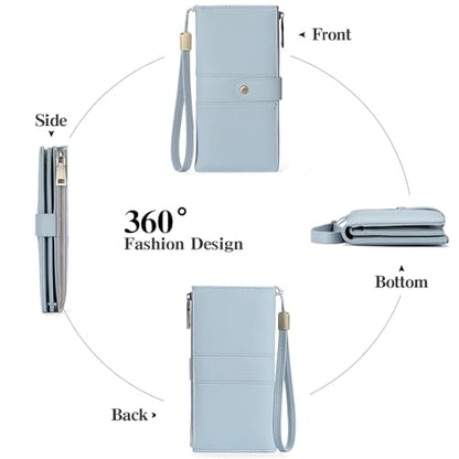 GAEKEAO Wallets for Women Leather RFID Blocking Large Capacity Card Case Ladies Wristlet Clutch Wallets Zipper Pocket with 4 ID Windows 20 Card Slots - color: Light Blue