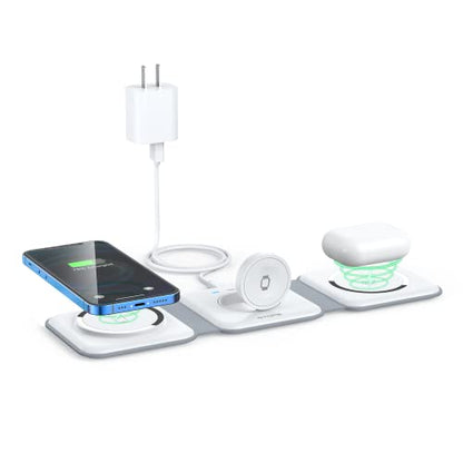 3 in 1 Wireless Charging Station for Apple,Foldable Magnetic Travel Charger - color: white