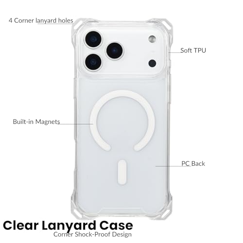 Magnetic for iPhone 17 Pro Max Crossbody Phone Case,Clear,Magnetic Soft Frame PC Back Shockproof Protective Phone Cover with Adjustable Detachable Lanyard,Compatible with MagSafe - color: Clear, size: iPhone 17 Pro Max