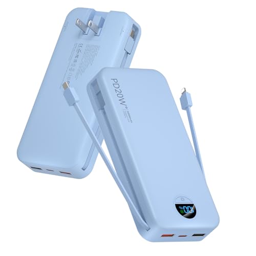 citicr Portable Charger 20000mAh PD20W w/Built-in Cables & Wall Plug Blue - color: Cerulean