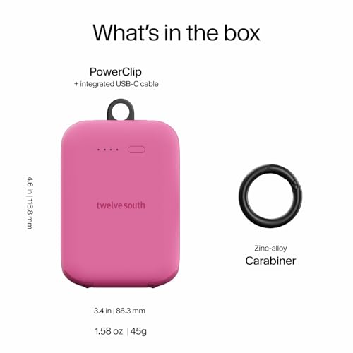 Twelve South PowerClip Mini Charger with Built-in USB-C Cable, 2000mAh - color: Fuchsia