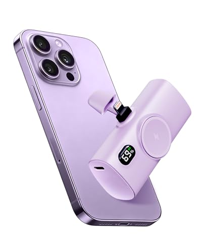 Mini Power Portable Charger for Lightning, 5000mah Power Bank [Digital Display 0%-100%] Backup Battery Pack Compatible With iPhone 13 mini/13 pro/13 pro max/XS/XR/6s/6 Plus/5/5c/5s/AirPods Pro-Purple - color: Purple