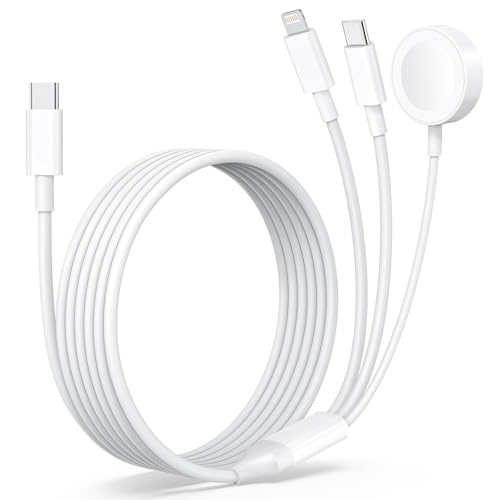 [2026 New] 3 in 1 Fast Charge Cord, USB-C 60W & Lightning 27W with Magnetic Wireless Watch Charger, 6FT White TPE Multi Charging Cable for iPhone 17/16/15/14/13/12/11 & iWatch Series 11-1/Ultra/SE