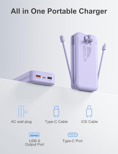 Portable Charger Power Bank 20000mAh with Built in Cables & Wall Plug - color: Purple