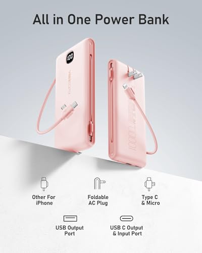 VEEKTOMX 10000mAh Portable Charger with Built-in Cables & Wall Plug - color: Peach