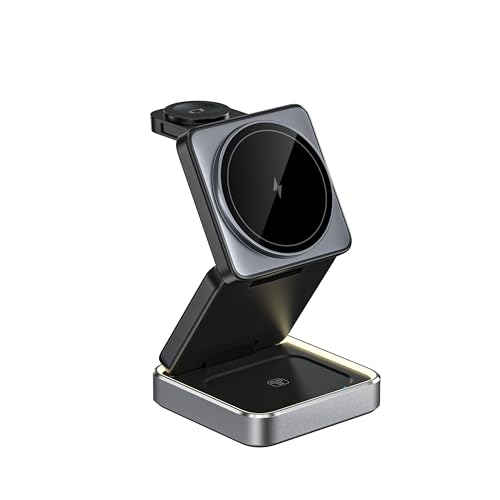 3 in 1 Wireless Charging Station Magnetic Wireless Charger,Portable Foldable Travel Essential with Nightlight Fast Charger Stand for iPhone 17 Pro Max/17 Pro/17Air/17/16/15/14/13,AirPods&Apple Watch - color: Black