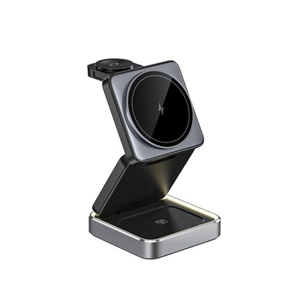 3 in 1 Wireless Charging Station Magnetic Wireless Charger,Portable Foldable Travel Essential with Nightlight Fast Charger Stand for iPhone 17 Pro Max/17 Pro/17Air/17/16/15/14/13,AirPods&Apple Watch - color: Black