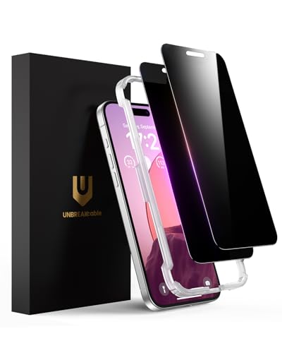UNBREAKcable Privacy Screen Protector for iPhone 16, Full Coverage Shatterproof Tempered Glass [True 28°Anti Spy] [9H Hardness] [Easy Installation Frame] 2-Pack Private Screen for iPhone 16 - size: iPhone 15/iPhone 16