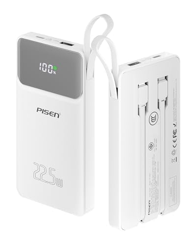 PISEN 3C Certified Power Bank - 10000mAh 22.5W CCC Power Bank with Built in Cable, Travel Battery Pack Portable 3C Charger with LED Display, Portable Charger with Built in Cable for iPhone, Samsung