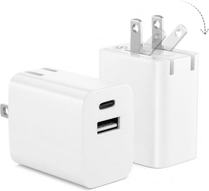 UL Certified 20W USB C Charger Block [2-Pack], Dual Port Fast Wall Charger Adapter with Foldable Plug, Safe Fast Charging Block for iPhone 15 14 13 Pro Max, iPad, Samsung Galaxy, Pixel (White)