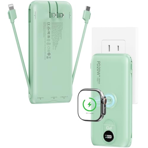 Portable Charger 10000mAh 20W, Wall Plug, 2 Cables, iWatch Charging - color: Natural Green
