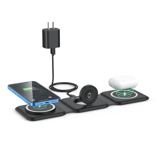 3 in 1 Wireless Charging Station for Apple,Foldable Magnetic Travel Charger - color: black