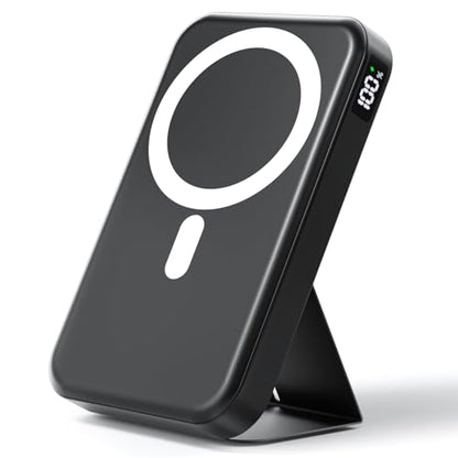 Magnetic Portable Charger, 10000mAh Power Bank with Leather Foldable Stand | Fast Charging, USB-C Cable, LED Display, Wireless Battery Pack for iPhone 17/16/15 All Series & AirPods, Deep Black