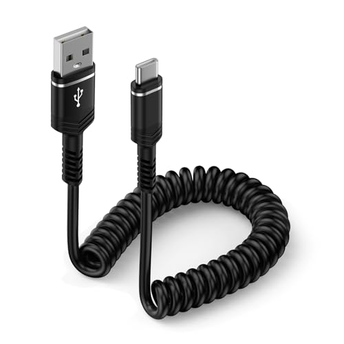 Coiled USB C to USB A Cable Fast Charging Retractable Android Phone Cord - color: Full Black