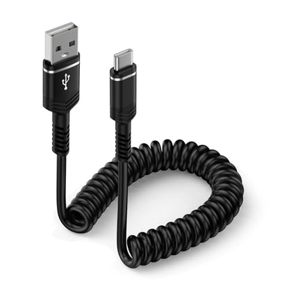 Coiled USB C to USB A Cable Fast Charging Retractable Android Phone Cord - color: Full Black