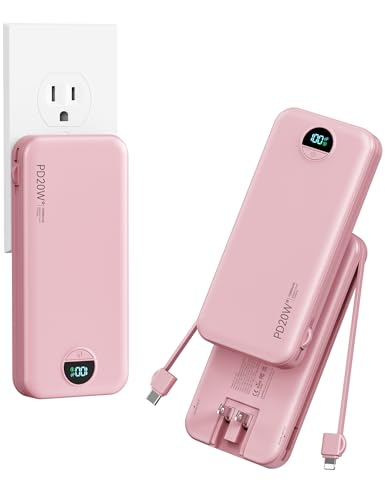 Portable Charger Power Bank 10000mAh with Built in Cables & Wall Plug - color: Light Pink