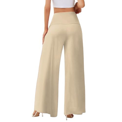 Women's Palazzo Lounge Wide Leg Casual High Waist Flowy Pants with Pockets - color: 01-beige, size: 3X-Large