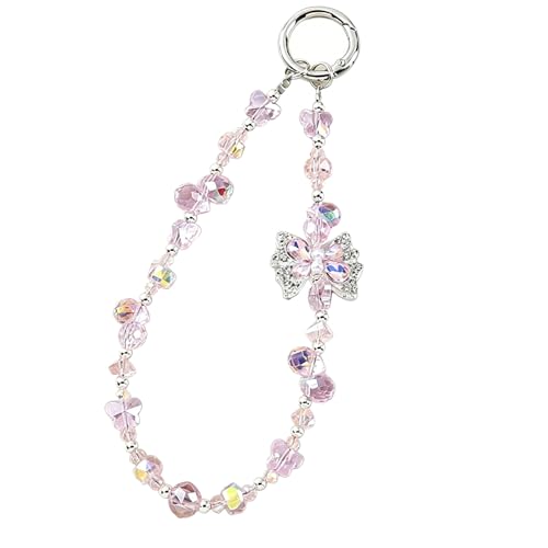 Rhinestone Bead Phone Charm for Women, Butterfly Bow Beaded Wrist Strap Lanyard with Tether Tab – Anti-Theft Hands-Free Detachable Phone Chain Wristlet - color: Rhinestone Butterfly Pink Bow Beads