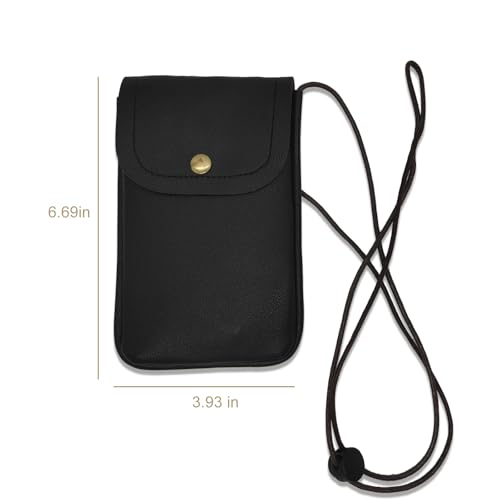 Cell Phone Pouch for Around the Neck Black PU Leather Necklace Holder with Adjustable Lanyard Flip Case and Carrier for Small Travel Purse and Credit Card Holder Hands-Free Mobile Bag