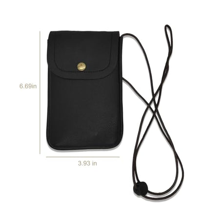 Cell Phone Pouch for Around the Neck Black PU Leather Necklace Holder with Adjustable Lanyard Flip Case and Carrier for Small Travel Purse and Credit Card Holder Hands-Free Mobile Bag