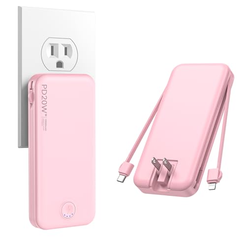 Nusyddy Portable Charger 10000mAh Fast Charging w/Built-in Wall Plug Pink - color: Pink