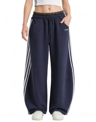Women's Baggy Barrel Sweatpants, Double Waist Striped Wide Leg Pants - color: Navy Blue, size: X-Small