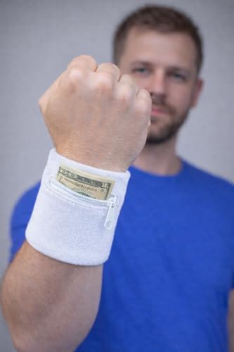 Suddora Zipper Wrist Pouch - Sweatband/Wristband Wallet for Keys, ID, Cards, Cash - color: White