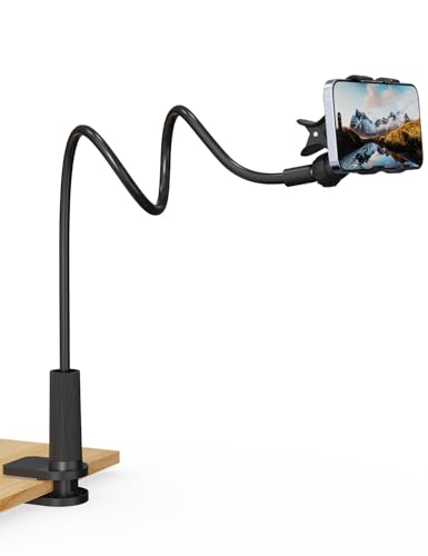 Phone Holder for Bed, Gooseneck Phone Holder for Desk Bedside Table, Flexible Gooseneck Long Arm Stand with Adjustable 360°Cell Phone Mount Clamp Clip for iPhone and All 4-7" Phone