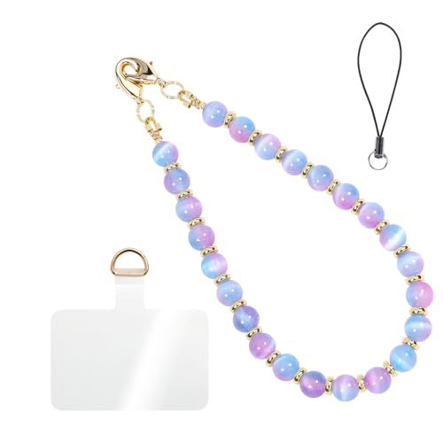 CH.yishi Beaded Phone Charm Wrist Strap with Tether Tab,Camera Lanyard - style: Purple-blue Cat’s Eye