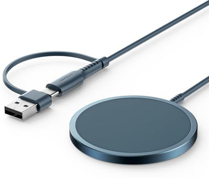 JSAUX Charger for iPhone 17 Magsafe Wireless Charging, Compatible with iPhone 17 Air Pro Max/16/15/14/13/12 Series, Magnetic Mag Safe Charging Pad, Aluminum Alloy, USB & USB C Dual Ports - Blue - color: Blue
