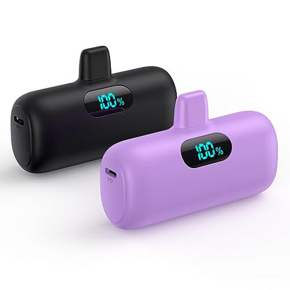 [2 Pack] Small Portable Charger for iPhone,Upgraded 5000mAh PD Fast Charging Power Bank, LCD Display Cute Mini Battery Pack Compatible with iPhone 14/14 Pro Max/13/13 Pro/12 Pro/11/XR/X/8,Black+Purple - color: Black+Purple