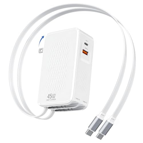 45W Retractable Wall Charger Fast Charging, 4 in 1 Retractable iPhone Charger Wall Plug Fast Charging Foldable Block with Dual USB C Cable, Multiport Charging for iPhone 17 Pro Max/16/15,iPad Pro/Air