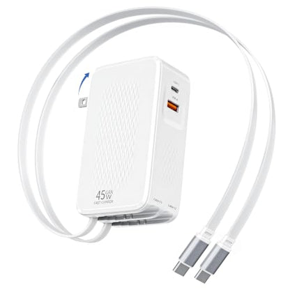 45W Retractable Wall Charger Fast Charging, 4 in 1 Retractable iPhone Charger Wall Plug Fast Charging Foldable Block with Dual USB C Cable, Multiport Charging for iPhone 17 Pro Max/16/15,iPad Pro/Air