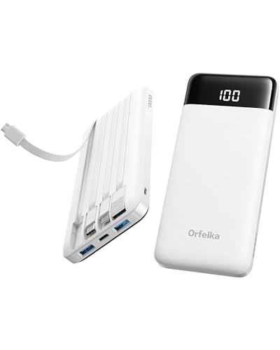 Orfeika Fast Charging Portable Charger Power Bank with Built-in 4 Cables | 10000mAh|Ultra-Slim&Light|Flight-Safe|Power 6 Devices at Once|Battery Pack For iPhone,Samsung,Google|Travel Essentials - color: White