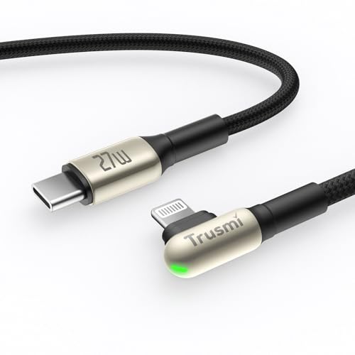 Trusmi 3.3 ft USB C to Lightning Cable Fast Charging, 90° Right Angle LED Braided iPhone Charger Cord, Zinc Alloy Durable Data Sync Cable for iPhone, iPad