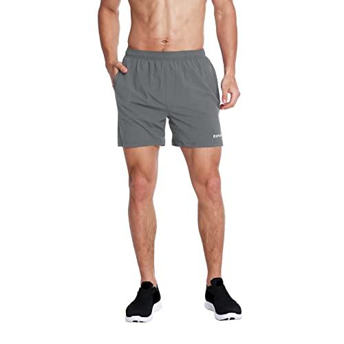 EZRUN Men's 5" Athletic Running Shorts Quick Dry with Liner Zip Pocket - color: Grey, size: Large