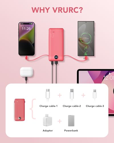 Portable Charger Built-in Cables and AC Wall Plug, VRURC USB C Power Bank 10000mAh, Travel Battery Portable Phone Charger Compact Lightweight External Battery Pack for SmartPhones,Tablets-Viva Magenta - color: Viva Magenta