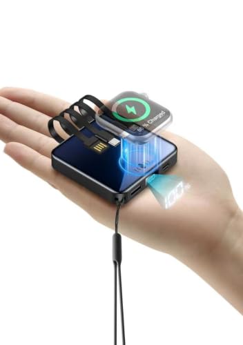 Mini Portable Charger for iWatch 12000mAh, Power Bank with Built-in Cables - color: Shiny Black